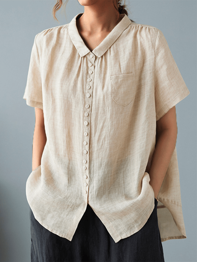 Ladies Casual Cotton And Linen Shirt With Lapel Button Design