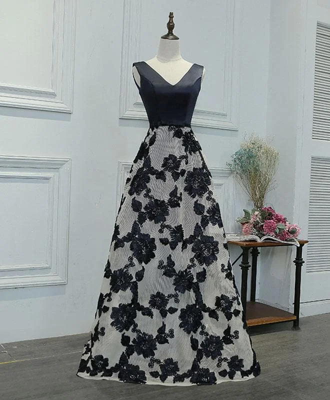 Stylish Black A-Line V Neck Long Prom Dress, Black Evening Dress