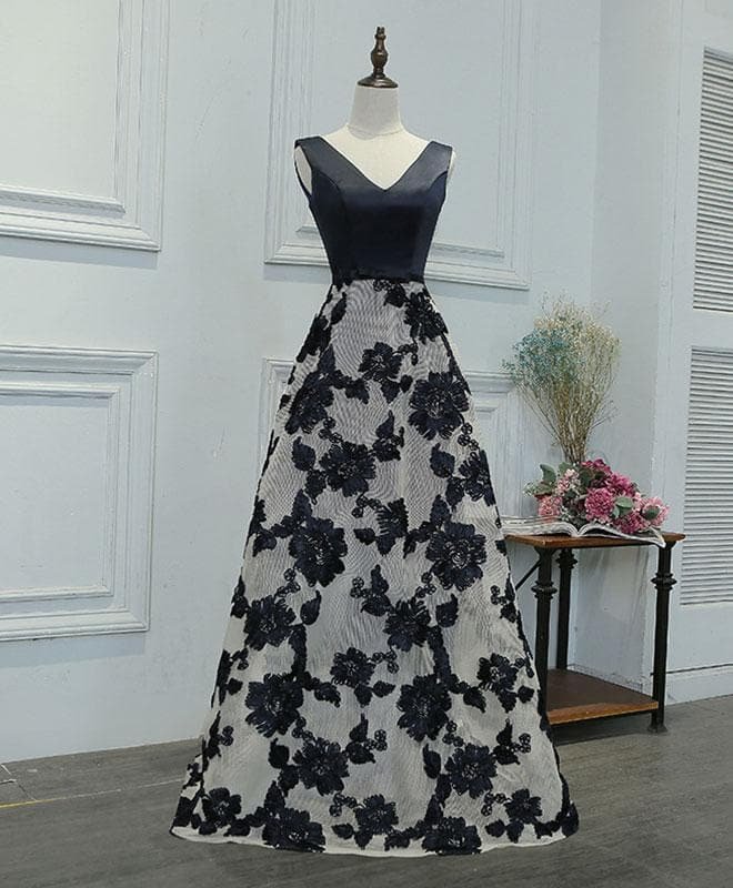 Stylish Black A-Line V Neck Long Prom Dress, Black Evening Dress