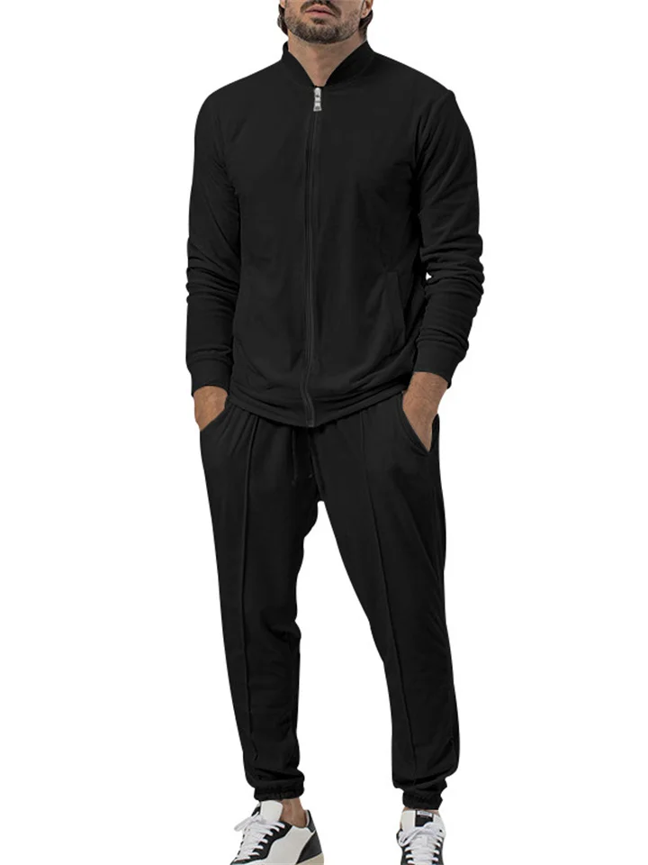 Men's Solid Color Jacket Casual Zipper Long-sleeved Men's Stand-up Collar Jacket Drawstring Drawstring Drawstring Pants Suit Man
