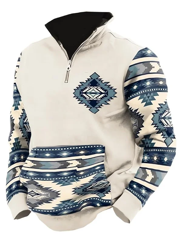 Men's Vintage Ethnic Pattern Half Zip Collar Pocket Sweatshirt