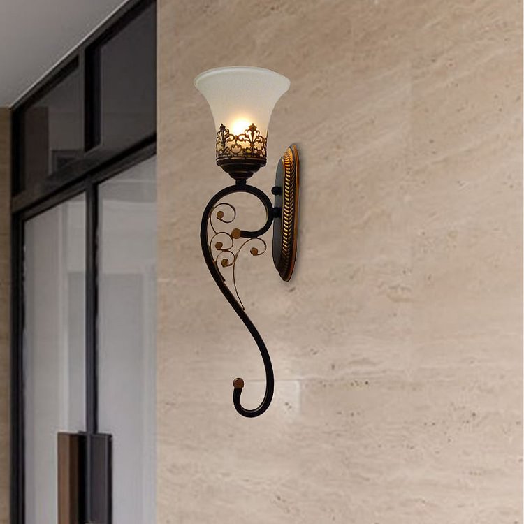Black and Gold 1 Head Wall Mount Lamp Countryside Metal Curved Arm Sconce Lighting Fixture