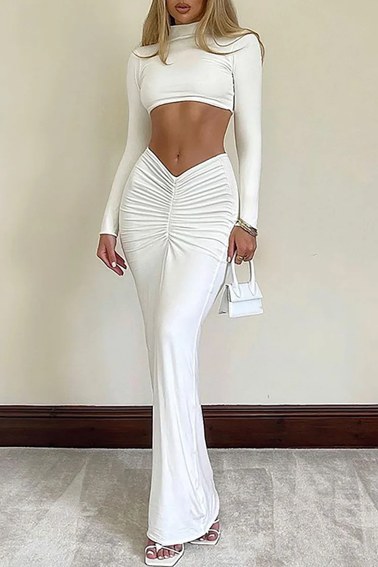 Stand Collar Long Sleeve Crop Top Bodycon Ruched Maxi Skirt Matching Set-White