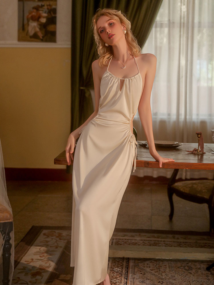 Lovingerie - Long Ice Silk Backless Halter Camisole Nightgown