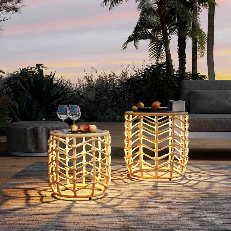 GRAND PATIO Wave Outdoor Nesting Tables Built-in Solar Lights Set of 2, Weather-Resistant Wicker, Boho Style for Patio and Porch, Natural