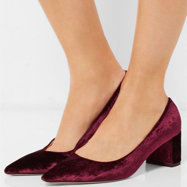 Maroon Velvet Heels Vintage Chunky Heel Pumps |FSJ Shoes