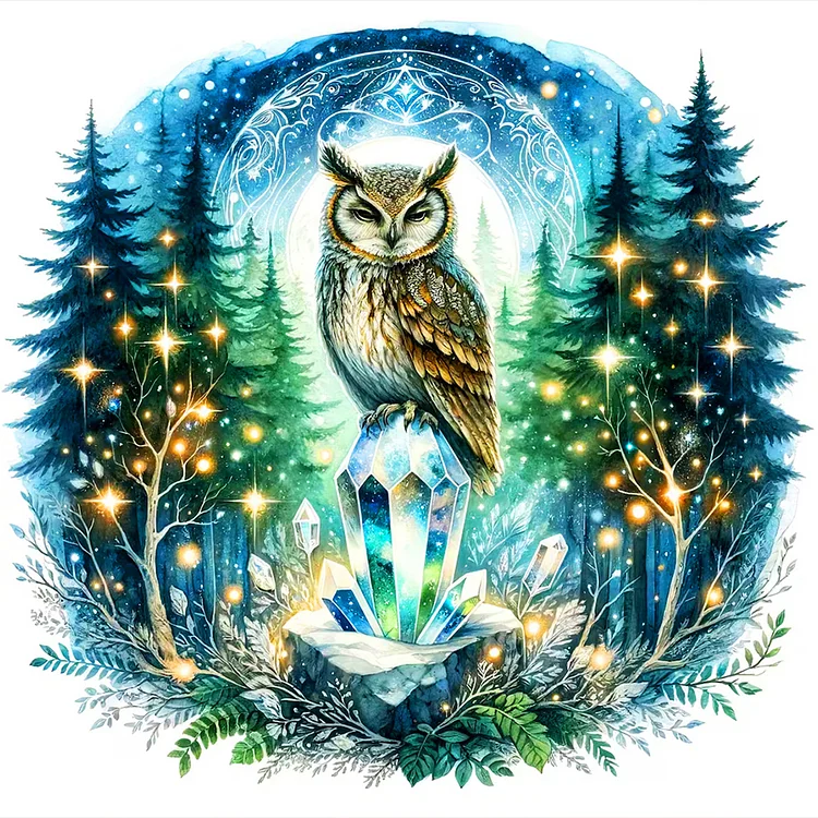 【Yishu Brand】Owl On Gemstone Under Moonlit Night 11CT Stamped Cross Stitch 40*40CM