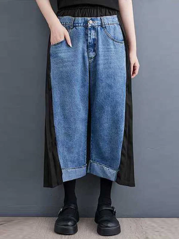 Modern High Waisted Blue Patchwork Pleated Split-Joint Jeans
