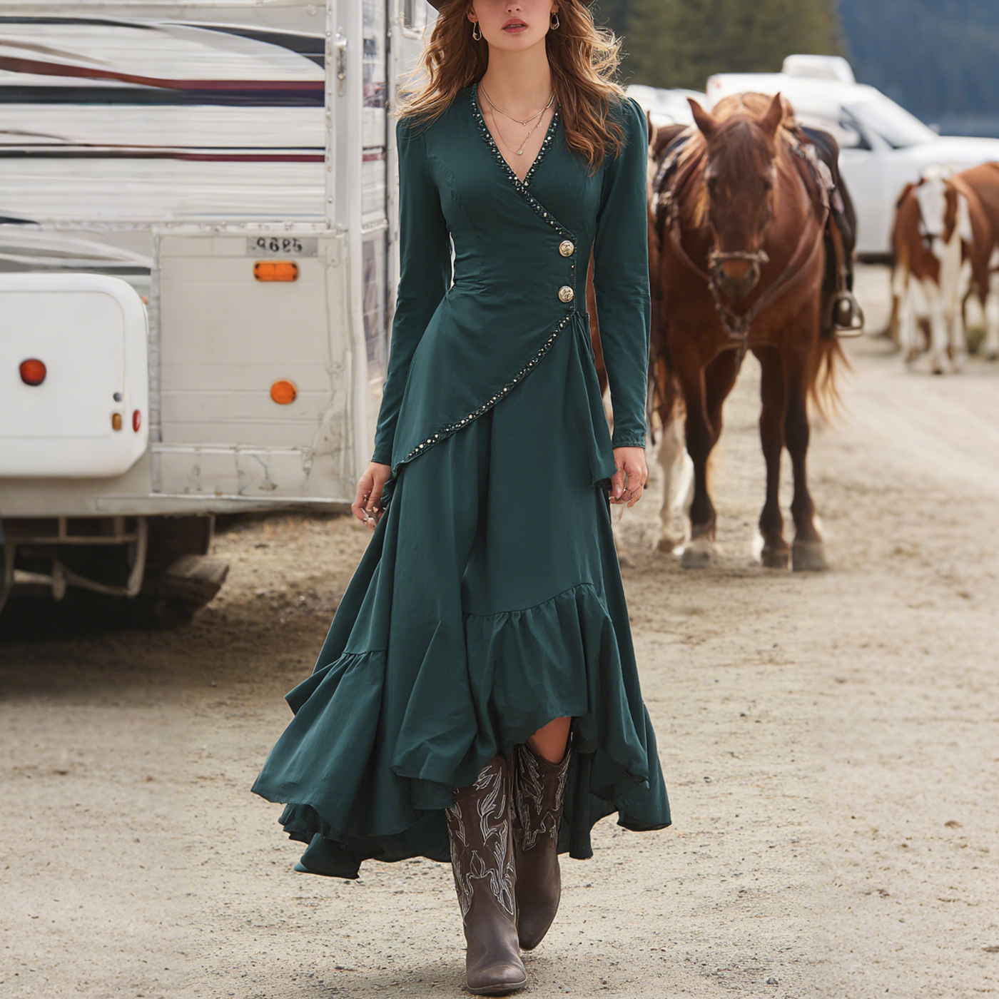 Women's Retro Western Suede Side Button Design Irregular Cut V-Neck Long Sleeve Dress - Helixace