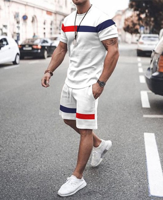 Sporty Color Block Round Neck Short Sleeve Shirt & Drawstring Shorts 2Pcs Set