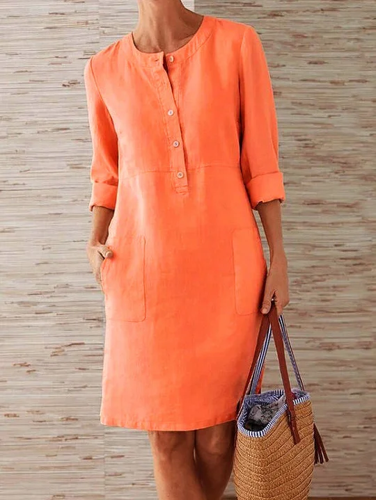 Solid Color Buttons Mid-length Sleeve Round Neck Dress