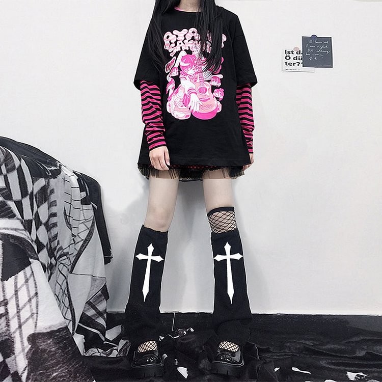 Punk Black/White Cross Print Socks BE1347