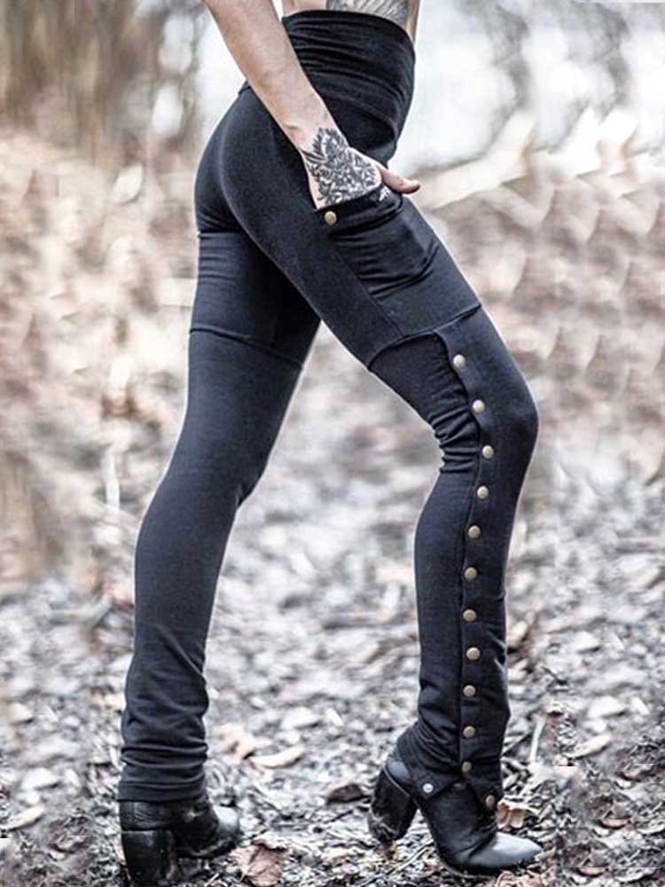 Button Accent Patchwork Stretchy Leggings
