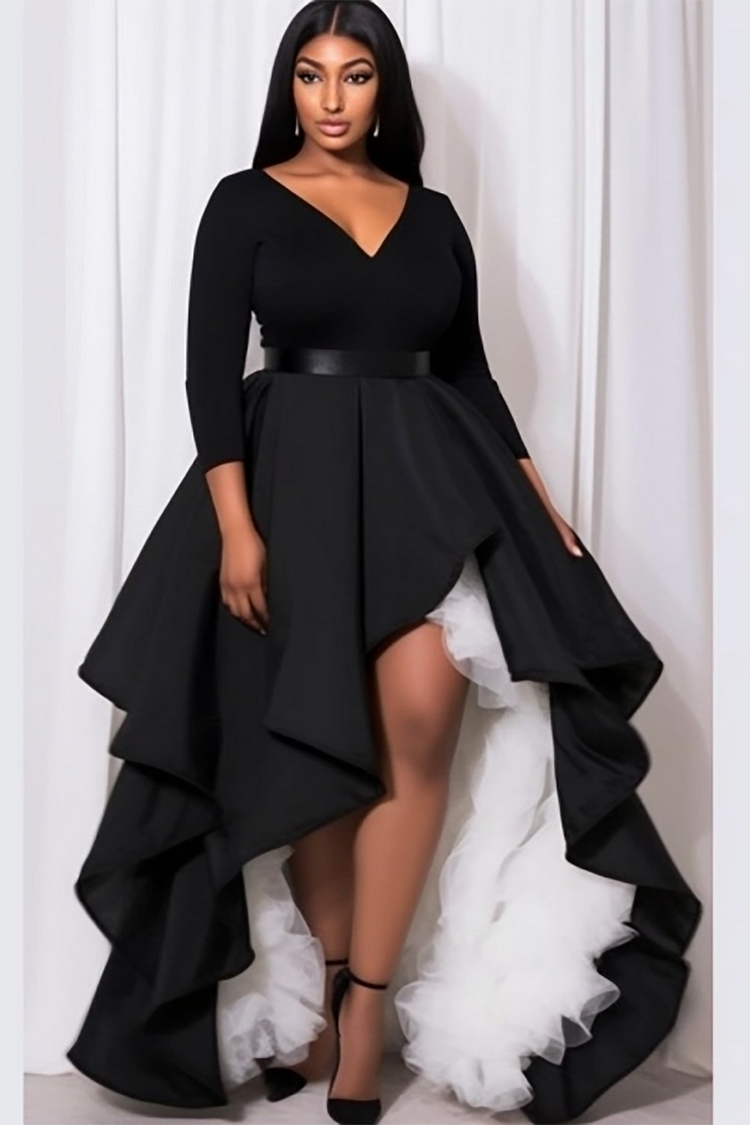 Xpluswear Design Plus Size Semi Formal Maxi Dresses Elegant Black Fall Winter V Neck 3/4 Sleeve Contrast Knitted Maxi Dresses 