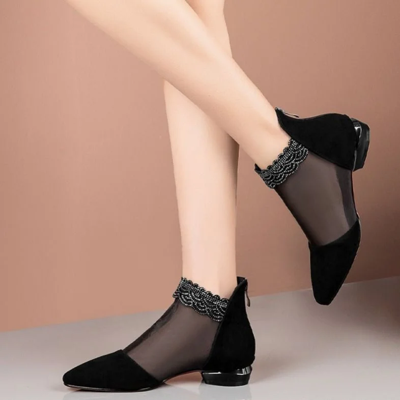 2020 new summer sandals Pointed High heels Women shoes Black Lace Ankle Flower low Heel zipper flowers casual sandals