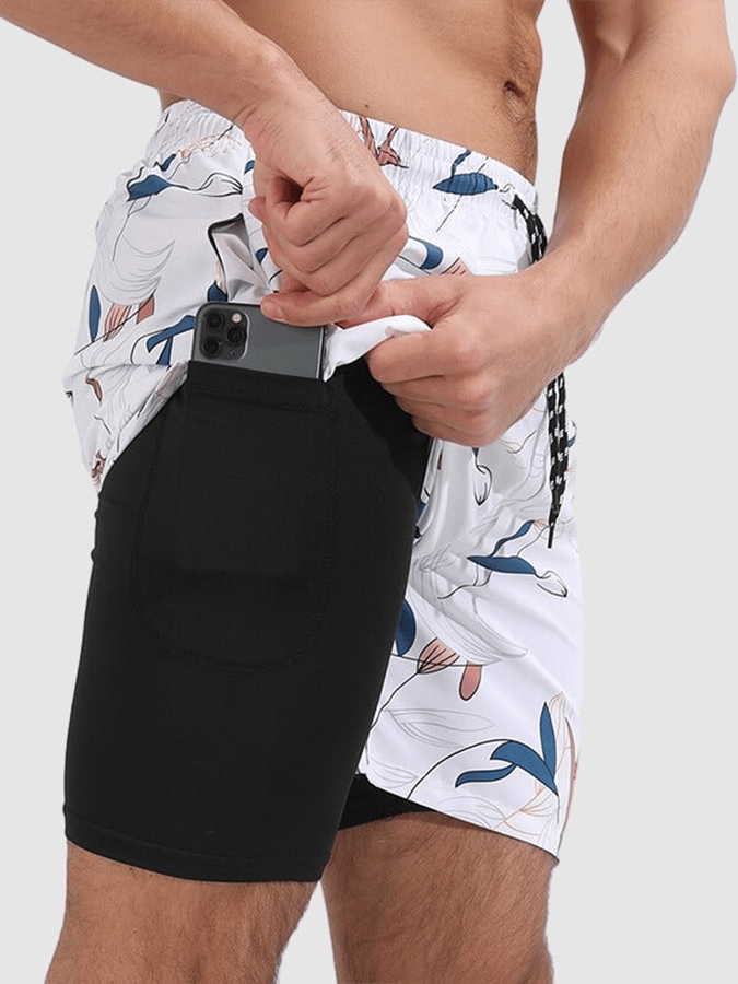 Men's Resort Double Layer Bamboo Leaf Print Beach Pocket Shorts