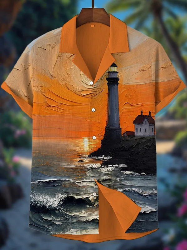 Men's Sunset Lighthouse Oil Painting Art Print Casual Shirt