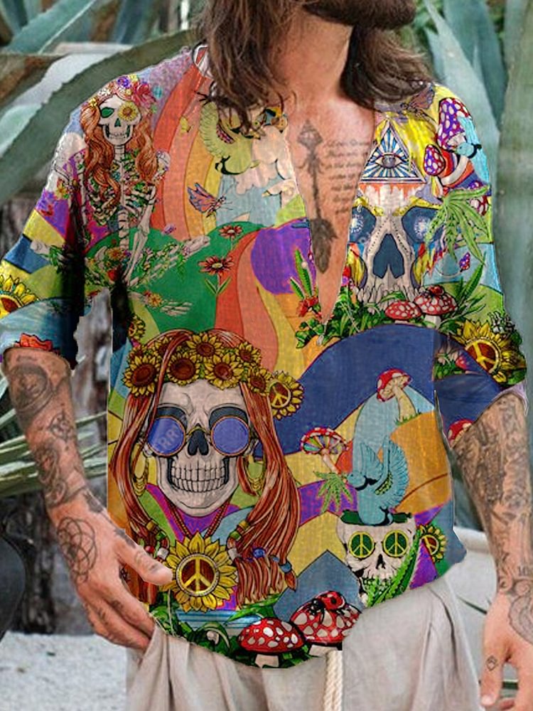 Men's printed cotton linen long sleeved shirt top