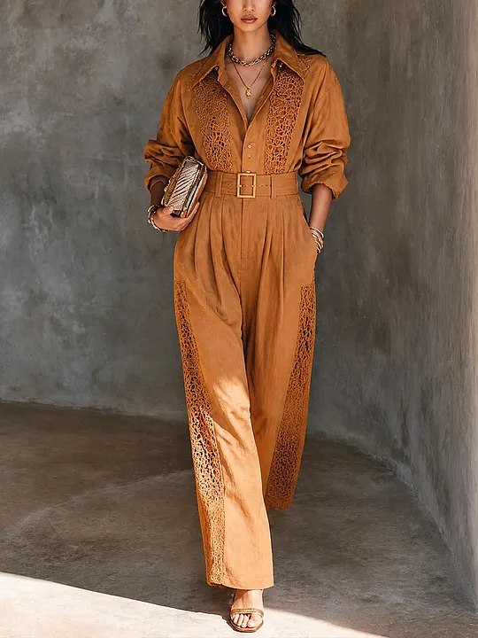 Women's Lace Panel Bohemian Linen Blend Jumpsuit MD