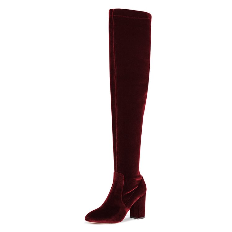 Burgundy Boots Chunky Heel Over-the-Knee Velvet Long Boots |FSJ Shoes