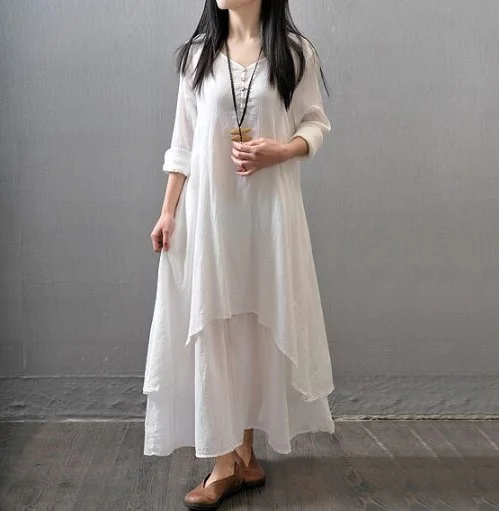 Plus Size Fake Two-Piece Long Skirt Literary Expansion Linen Dress Cotton and Linen Skirt VangoghDress