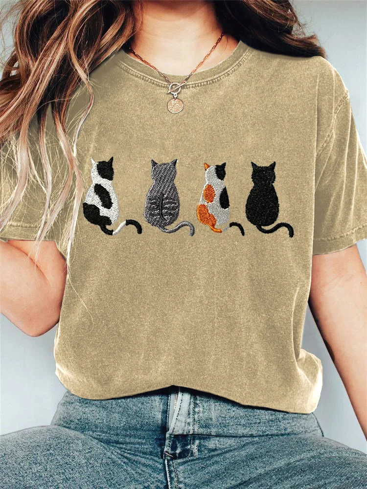 Comstylish Cat Embroidery Pattern Casual Cotton T-Shirt