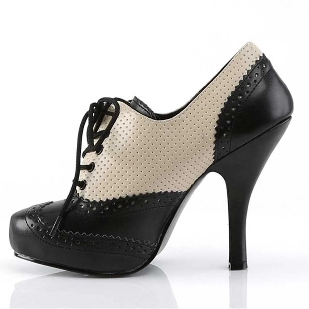 Black & Beige Vintage Shoes Round Toe Lace Up Oxford Heels Nicepairs
