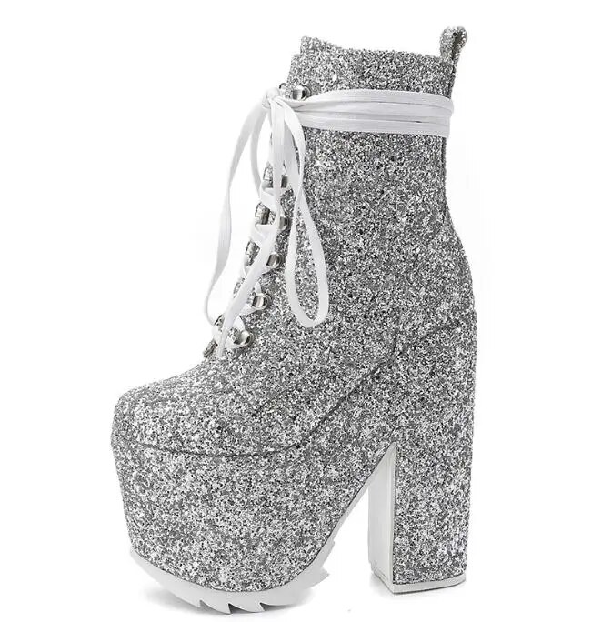 VCSHOES Silver Black Bling Bling High Platform Ankle Boots Chunky Heel Women Bandage Sequins Boots Boots