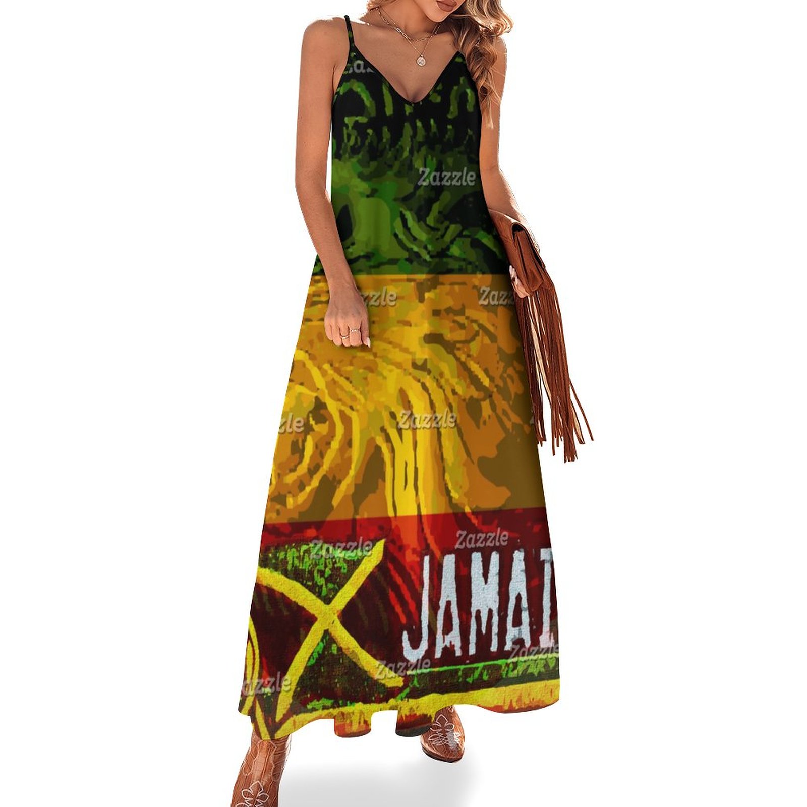 Rasta Lion Of Judah With Jamaican Flag Women's Casual Strappy V Neck  Sleeveless Flowy Loose Long Maxi Beach Dress Sundress