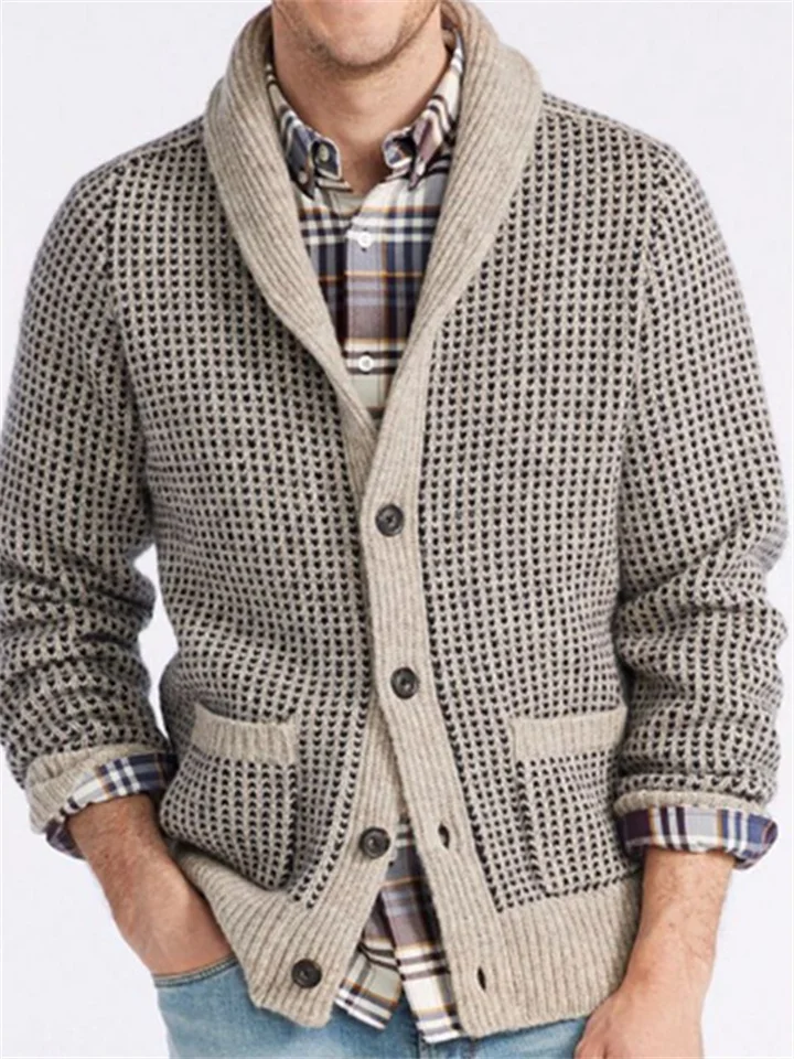 Men's Cardigan Lapel Jacquard Casual Sweater-Cosfine