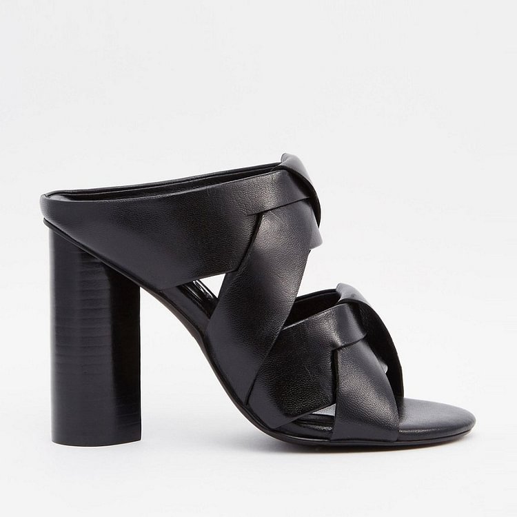 Black Peep Toe Heels Strappy Cylinder Heel Mules |FSJ Shoes