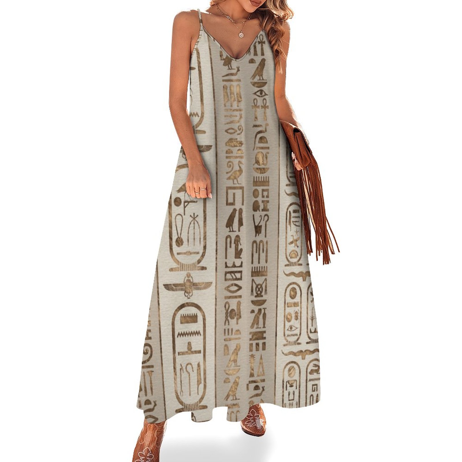 Egyptian Hieroglyphs Pastel Gold Women's Casual Strappy V Neck Sleeveless Flowy Loose Long Maxi Beach Dress Sundress Gold-3XL