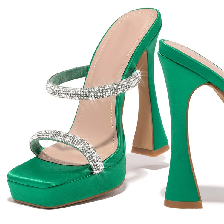 Green Satin Platform High Heels Square Toe Mules Rhinestone Sandals |FSJ Shoes