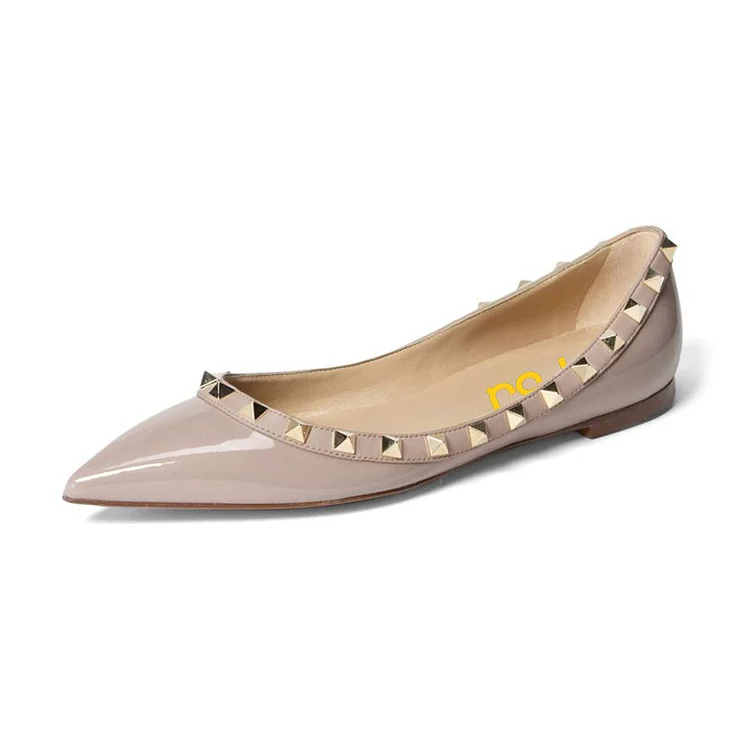 Women's Nude Rivet Patent Leather Pointed Toe Comfortable Flats |FSJ Shoes