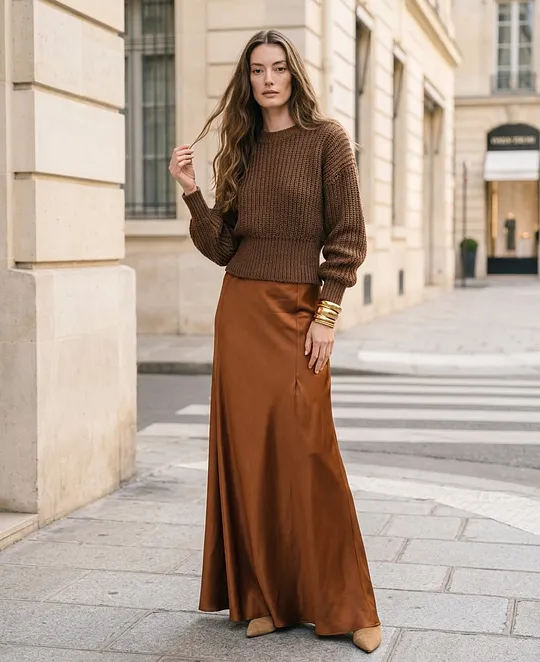 Women's Casual Dark Brown Long-sleeved Knit Top Paired With A Light Brown Satin Skirt MD