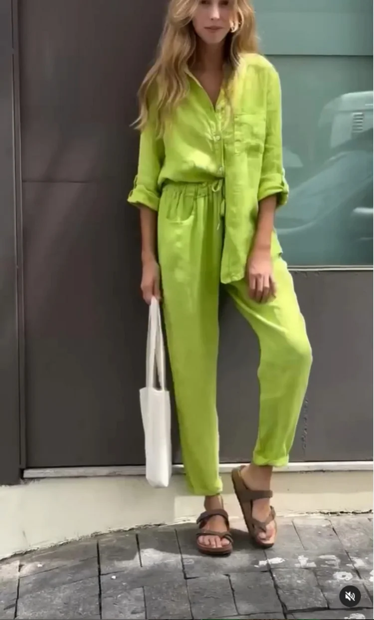 Women's 2-piece set Large size cotton and linen shirt suit High waist loose trousers socialshop