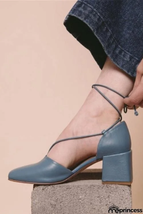 Square Toe Lace Up Thick Heel Pumps