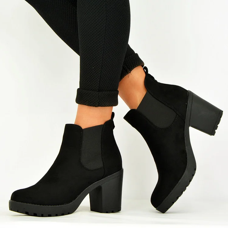 Black Chelsea Boots Vegan Suede Chunky Heel Booties for Women |FSJ Shoes