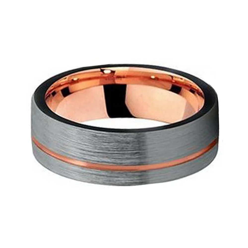 8MM Thin Rose Gold Grooved Gray Brushed Surface Finish Mens Wedding Band