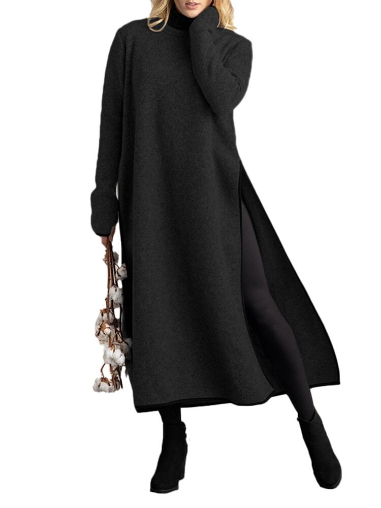 Solid Color Splited Long Sleeve O-neck Casual Dress For Women