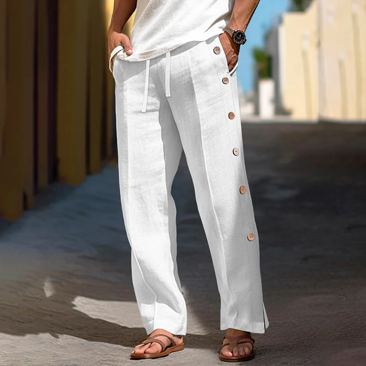 Men's Linen Button Design Straight Leg Drawstring Split Pants