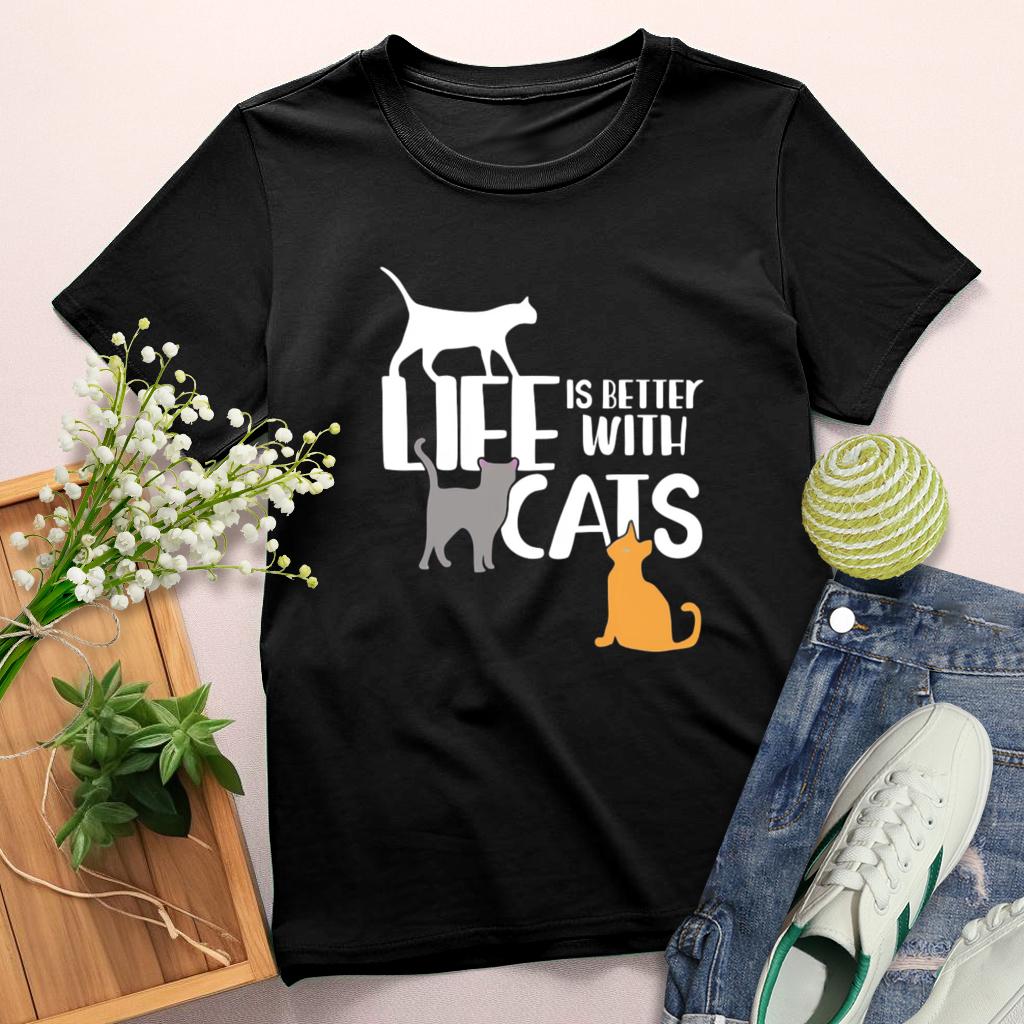 Life Is Better Cats Round Neck T-shirt-0025167-Guru-buzz