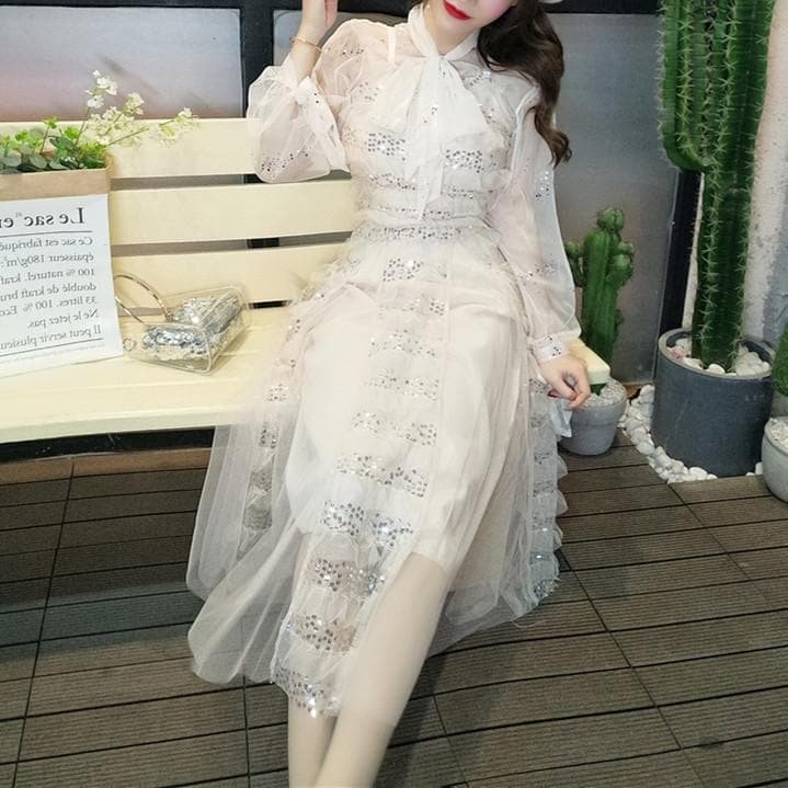 White/Pink Elegant Paillette Lace Dress SP13368