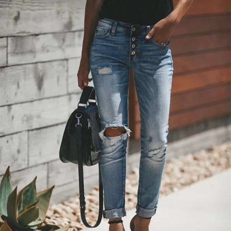 Stretch Ripped Mid-high-rise Jeans