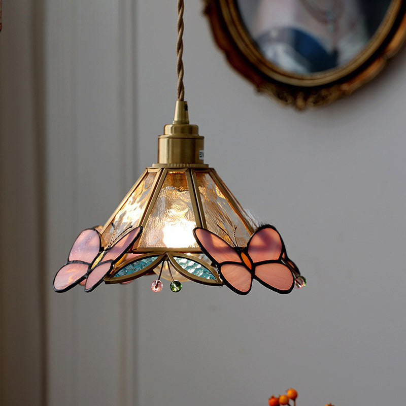 Traditional Tiffany Cone Glass Copper Wood 1-Light Pendant Light For Living Room