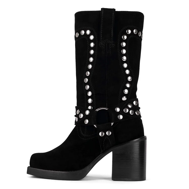 VCshoes Suede Knee High Boots Square Toe Wedge Boots Buckle Strap Rivet Ankle Boots For Women