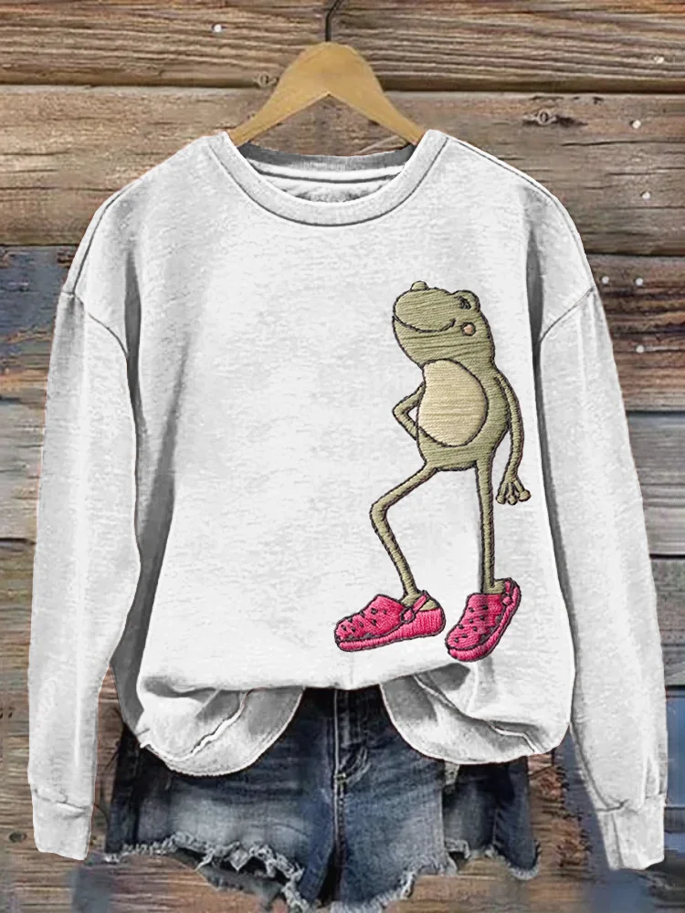 Funny Frog Embroidery Pattern Casual Cozy Sweatshirt