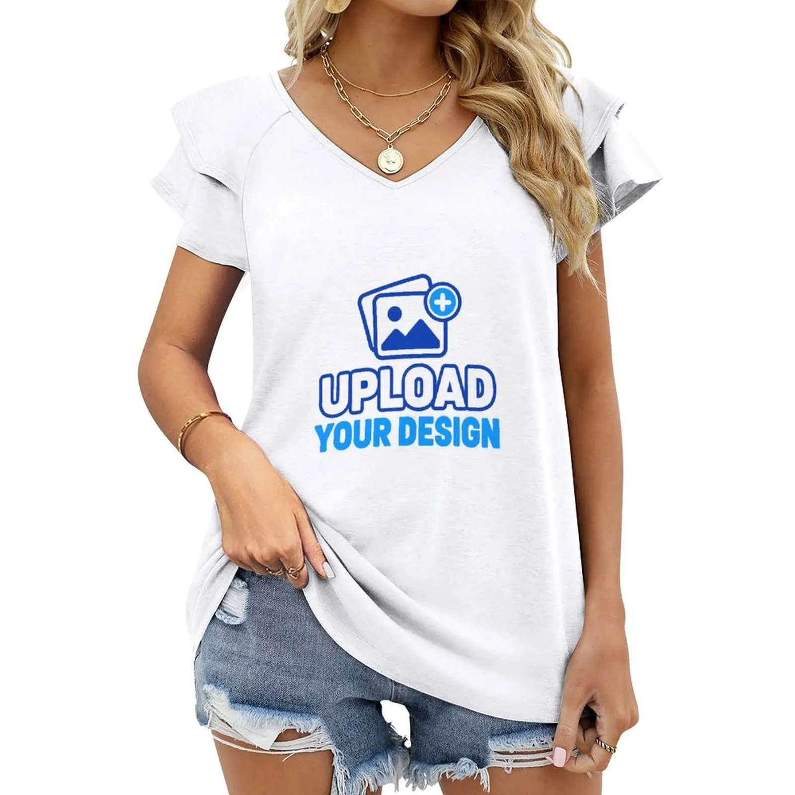 Ruffle-Sleeve V-Neck T-Shirt custom product view 8