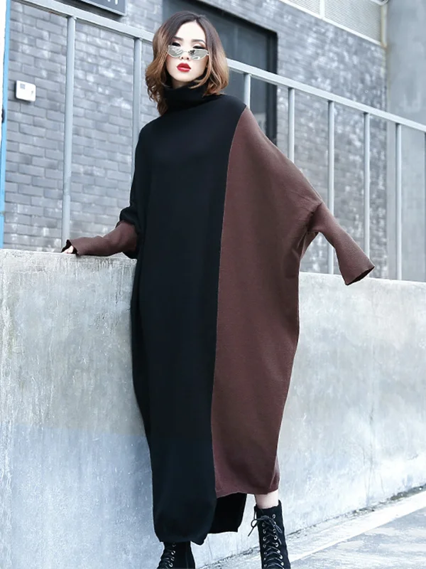 Women Stitching Contrast Color Knitted Sweater Maxi Dress