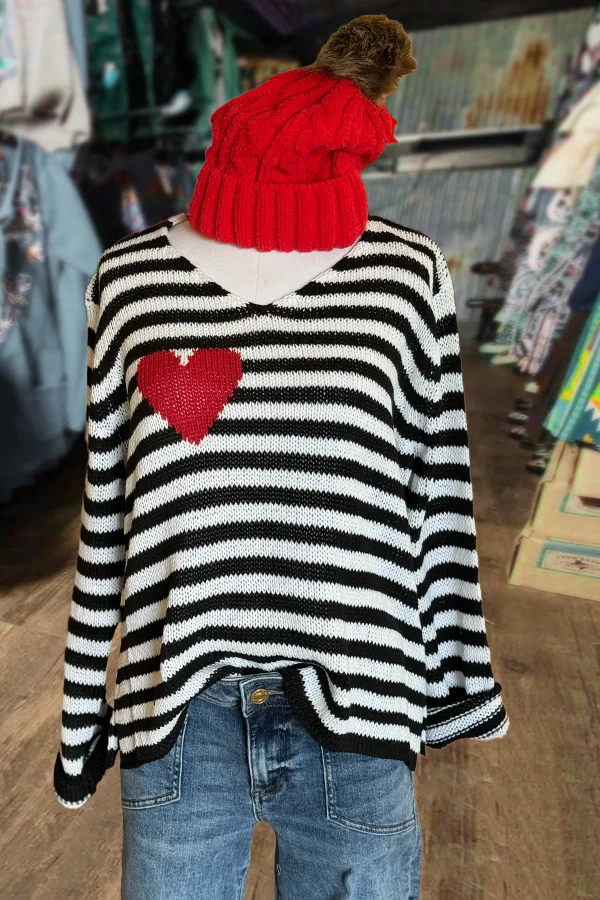 Striped V-Neck Heart Pattern Long Sleeve Sweater